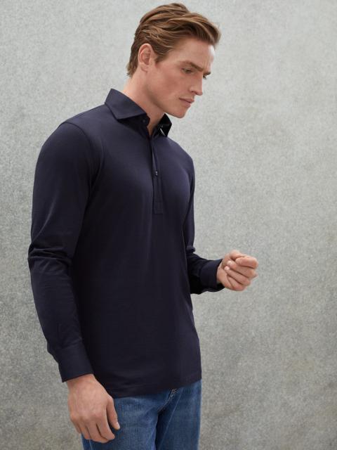 Silk and cotton jersey slim fit long sleeve shirt-style collar polo