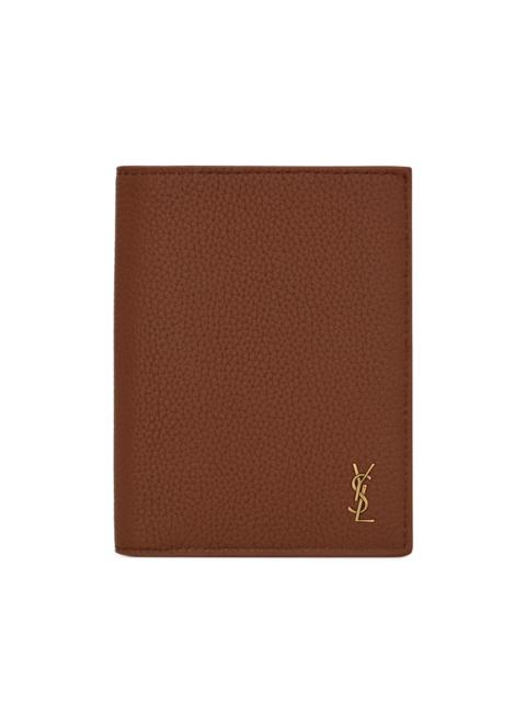SAINT LAURENT Men's Tiny Cassandre Credit Card Wallet in Grained Leather - Toasted Brown