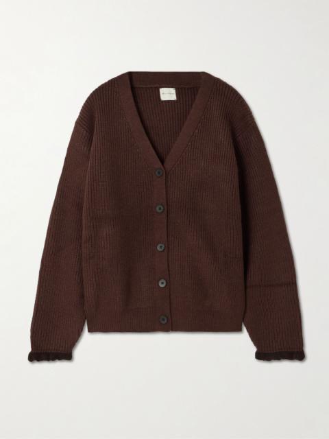 DEIJI STUDIOS Flounce recycled ribbed-knit cardigan Burgundy
