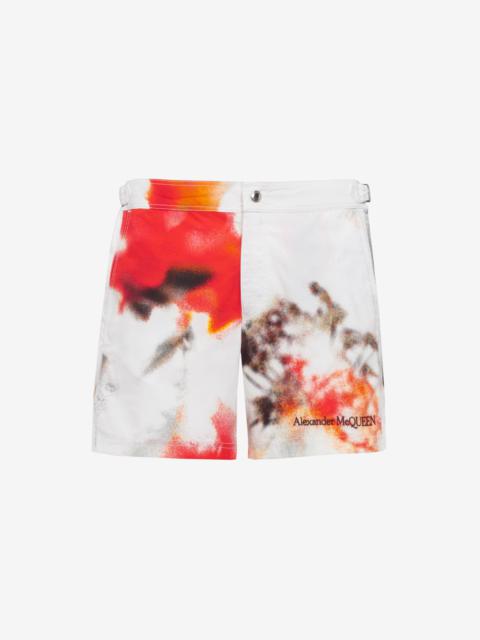 Alexander McQueen Men's Obscured Flower Swim Shorts in White/red