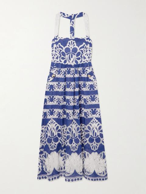 BORGO DE NOR Mavaro lace-trimmed embroidered cotton-blend midi dress Navy