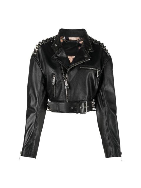 rock-stud cropped leather jacket