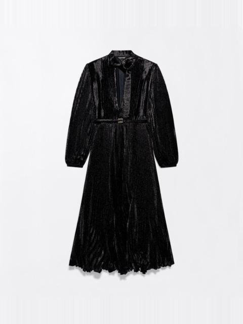 TOM FORD SILK CHARMEUSE LUREX BELTED PLISSÉ SOLEIL LAVALLIERE DRESS