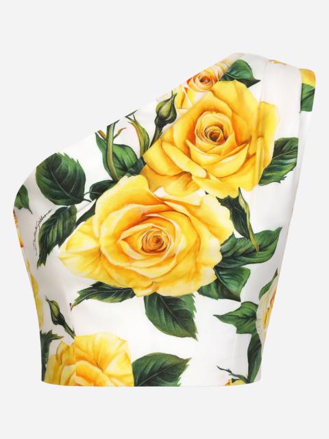 One-shoulder cotton crop top with yellow rose print