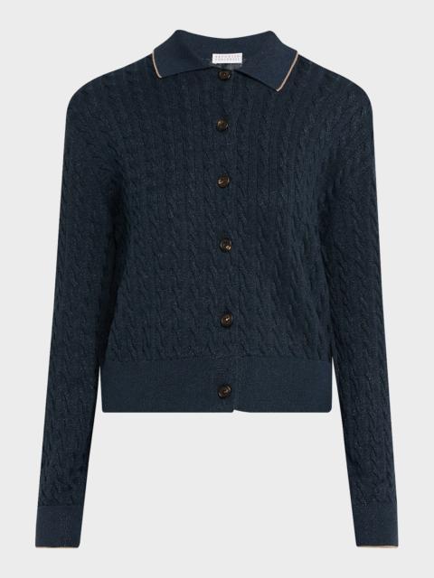 Brunello Cucinelli Shimmering Cable Knit Collared Cardigan