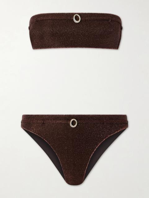 Oséree Lumière Micro Belt Bandeau Embellished Stretch-lurex Bikini