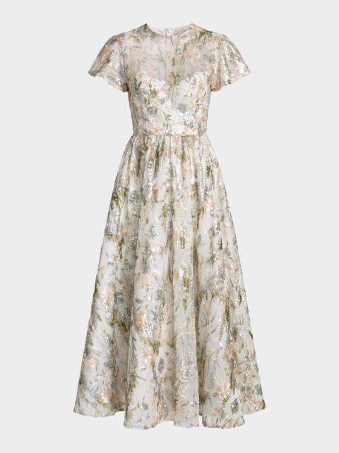 MAC DUGGAL Sequin Floral-Embroidered Tulle Midi Dress