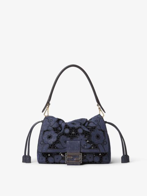 FENDI Mamma Baguette Medium Dark blue Floral À Jour denim bag