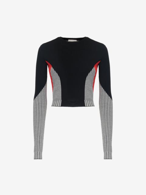 Women's Dogtooth Colour-block Jumper in Black/white/red