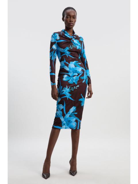 KAREN MILLEN Floral Print Crepe High Neck Midi Dress