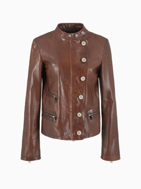 Icon slim-fit jacket with an off-centre zip in vegetable-tanned tumbled goatskin nappa leather