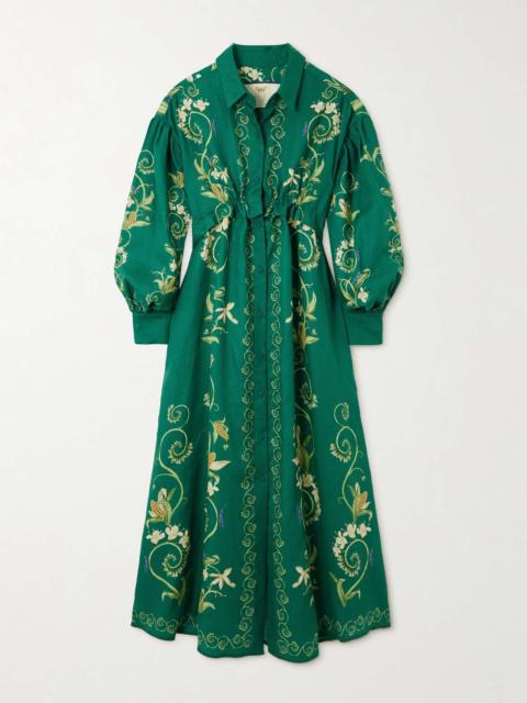 Taos Esmeralda embroidered printed linen maxi shirt dress