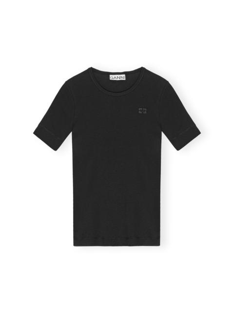 GANNI BLACK SOFT COTTON RIB SHORT SLEEVE T-SHIRT