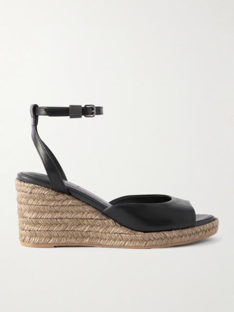 Brunello Cucinelli Bead-embellished Leather Wedge Espadrilles