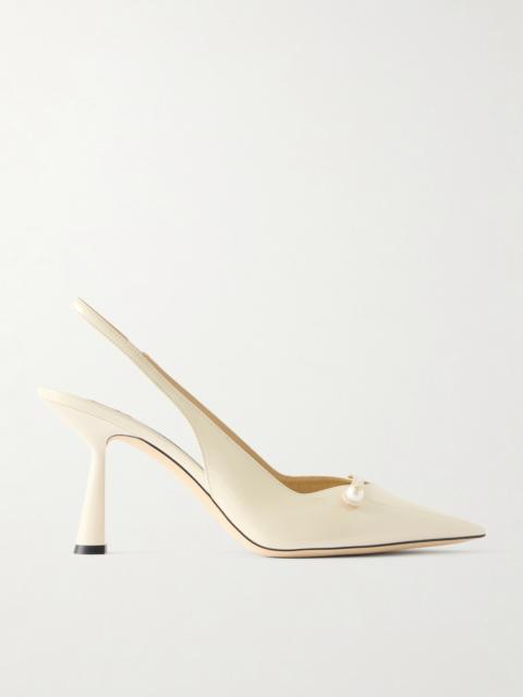 JIMMY CHOO Amita 85 Faux-pearl Embellished Patent-leather Slingback Pumps
