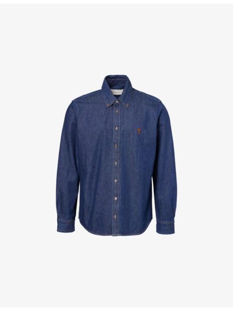 AMI Paris Logo-Embroidered Contrast-Stitch Denim Shirt