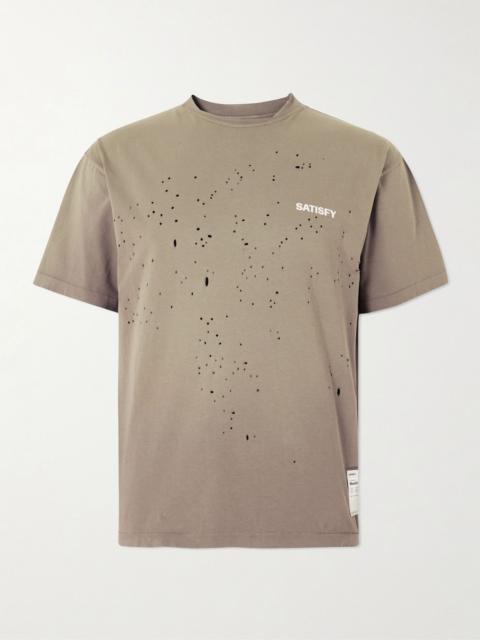 SATISFY Logo-Print Distressed MothTech™ Organic Cotton-Jersey T-Shirt Brown