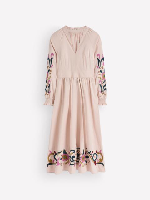 BODEN Smocked Cord Midi Dress-Almond Peach, Embroidery