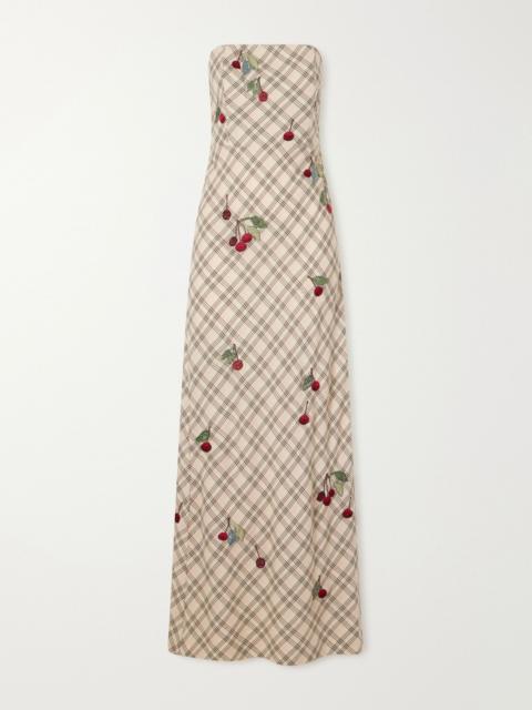 BERNADETTE Luna bead-embellished checked wool-jacquard bustier gown Cream