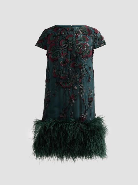 BADGLEY MISCHKA Women's Embroidered Feather-Hem Cocktail Dress - Pine