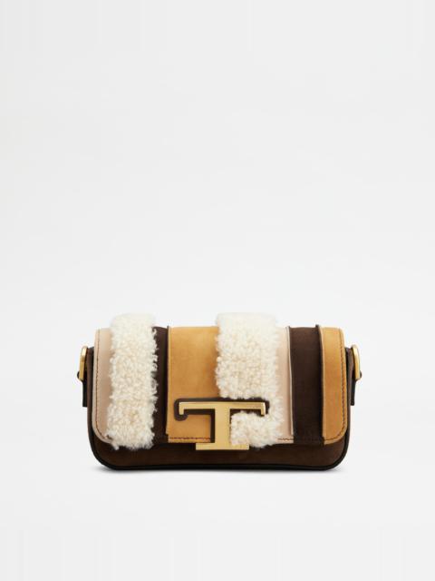 Tod's T TIMELESS CROSSBODY BAG IN SUEDE AND SHEEPSKIN MINI - BROWN, ORANGE, OFF WHITE