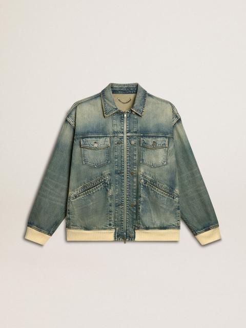 Golden Goose Men's washed denim jacket with wool blend ribbing