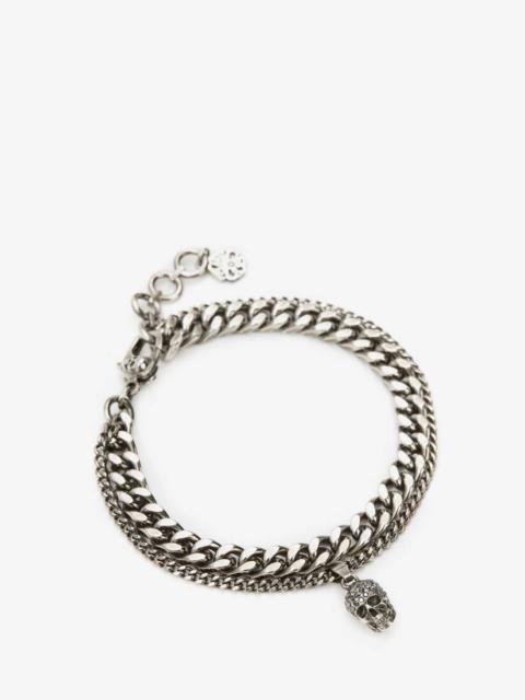 Men's Pave Skull Chain Bracelet in Antique Silver
