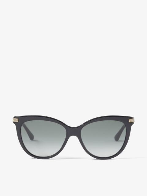 JIMMY CHOO Axelle
Black Acetate and Rose Gold Metal Cat Eye Sunglasses with Grey-Shaded Lenses