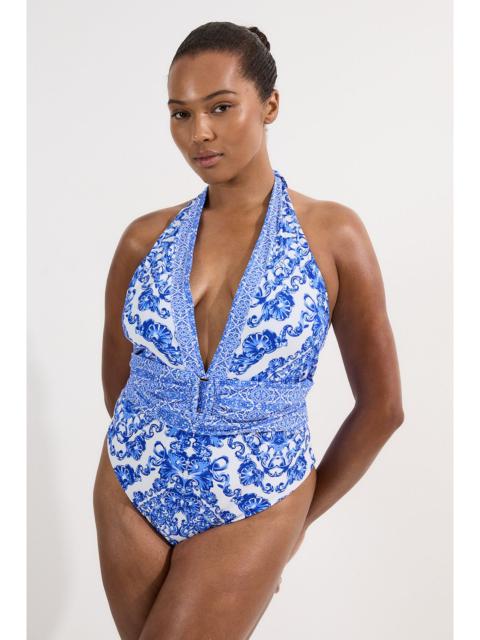 KAREN MILLEN Plus Size Blue Scarf Print Plunge Swimsuit