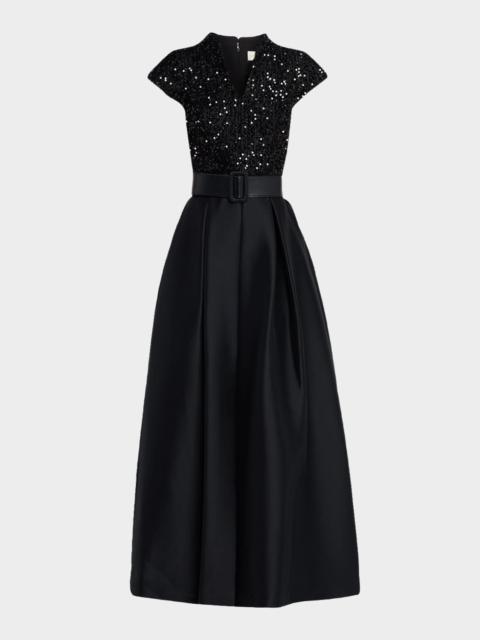 SACHIN & BABI Arden Pleated Sequin Tweed & Mikado Gown
