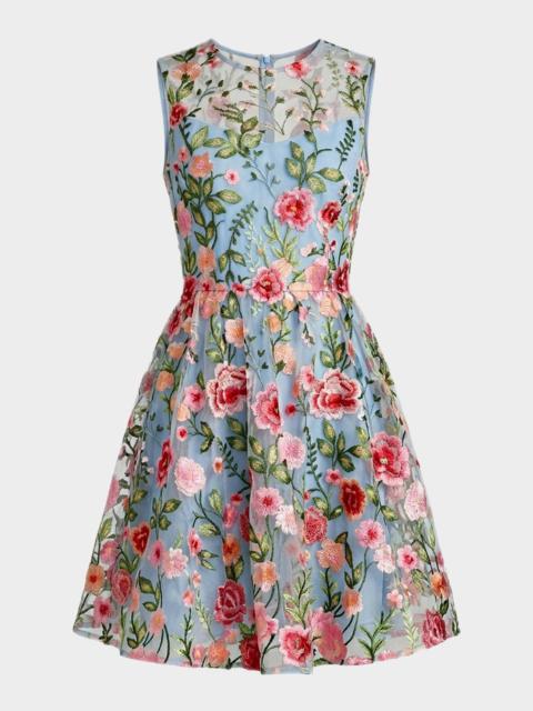 MAC DUGGAL Floral-Embroidered Lace Illusion A-Line Mini Dress