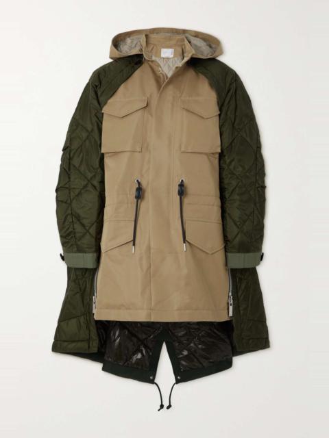 sacai Convertible quilted shell and cotton-gabardine hooded coat