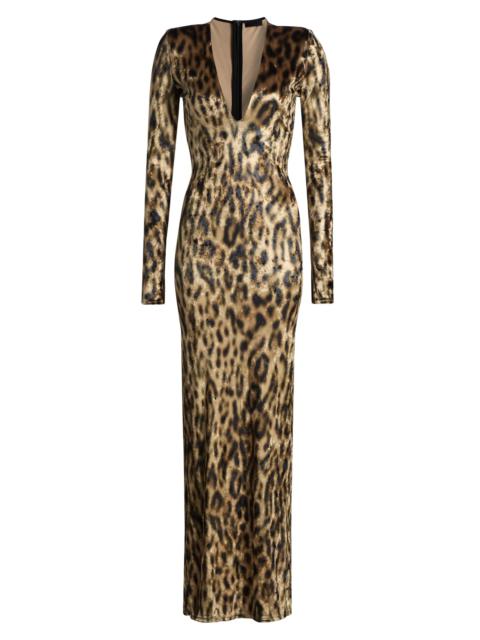 LAPOINTE Women's Re-Edition Velvet Leopard-Print V-Neck Gown - Leopard