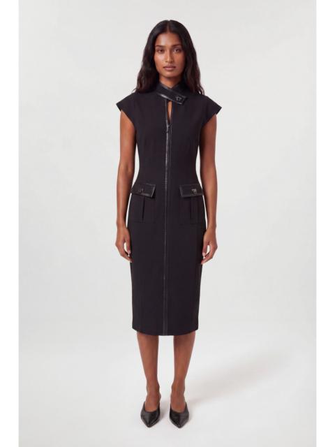 KAREN MILLEN Compact Stetch & PU Turn Lock High Neck Tailored Midi Dress