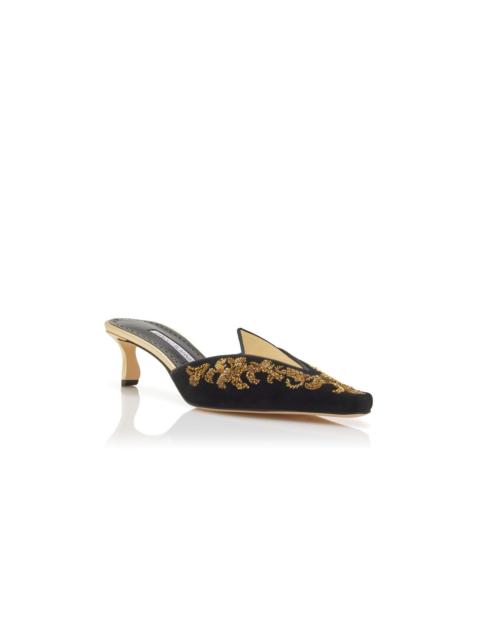 Manolo Blahnik Black Velvet and Gold Mules