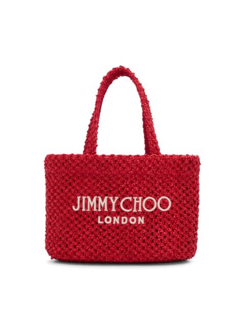 JIMMY CHOO Women's Riviera Capsule Mini Logo-Embroidered Raffia Beach Tote Bag - Ruby Red