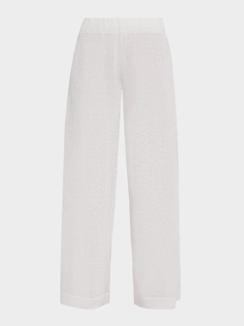 Brunello Cucinelli Linen-Silk Paillette Knit Straight-Leg Pull-On Pants