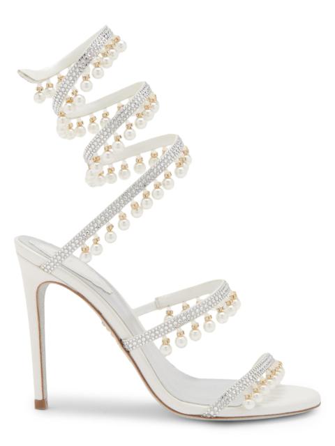 RENE CAOVILLA Women's 105MM Chandelier Imitation Pearl Satin Sandals - Ivory Crystal