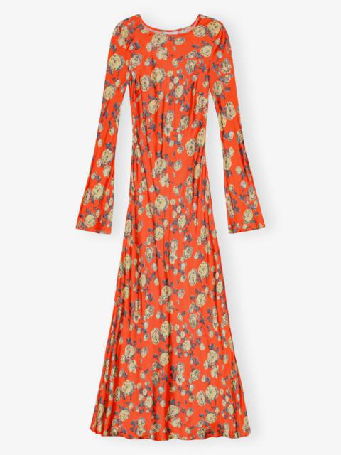 ORANGE FLORAL PRINTED SATIN MAXI DRESS