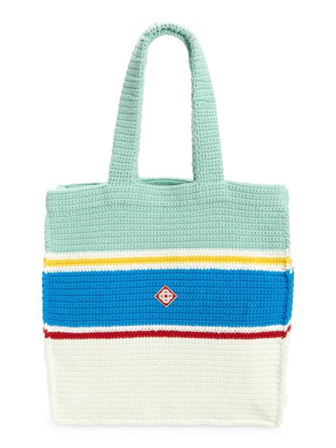 CASABLANCA Stripe Crochet Tote Bag in White /Blue Multi