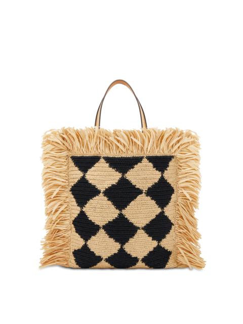 CHECKED RAFFIA CROCHET FLAT TOTE