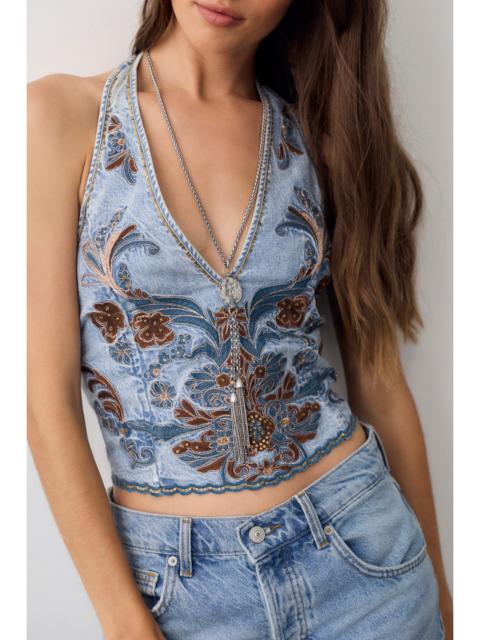 FREE PEOPLE Dolly Embellished Denim Halter Top