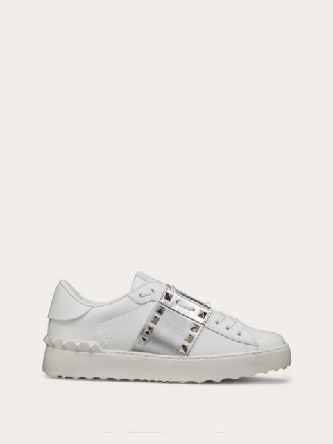 Valentino Rockstud Untitled Sneaker in Calfskin Leather with Metallic Stripe