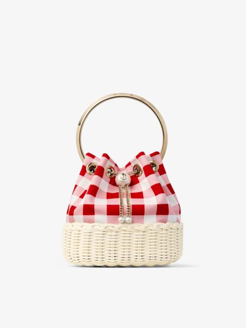 JIMMY CHOO Bon Bon Ruby Red Gingham Cotton Fabric and Wicker Bucket Bag