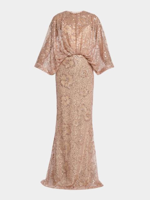 ELIE SAAB Semi-Sheer Sequin Embroidered Mesh Dress