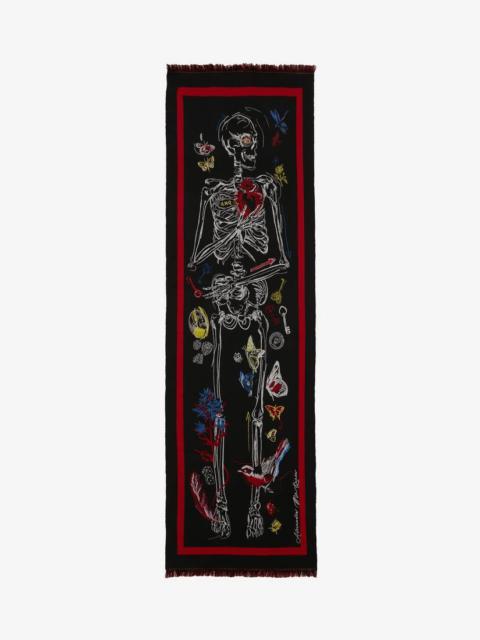Alexander McQueen Doodle Skeleton Jacquard Scarf in Black/red