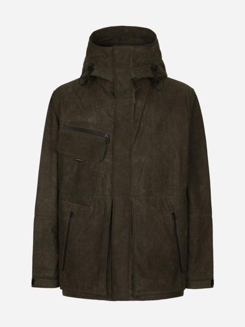 Lined technical fabric jacket with hood