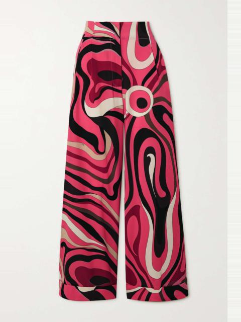 Printed wool-blend twill wide-leg pants