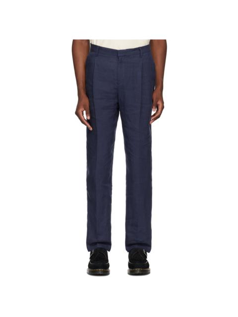 Navy Pleated Linen Trousers