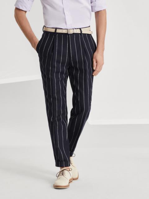 Brunello Cucinelli Slubbed linen and cotton chalk stripe canvas leisure fit trousers with pleat